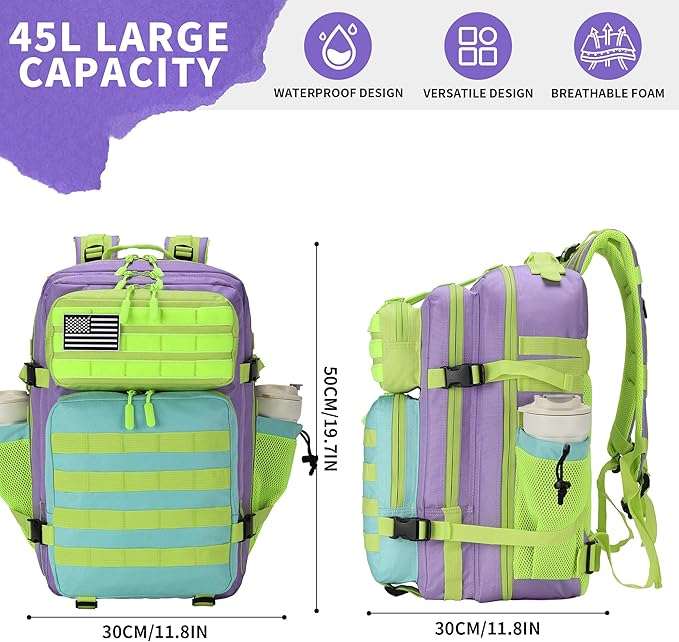 45L Tactical Military Backpack Assault Pack Dopamine Colorblock Molle 3-day Army Rucksack Men Women for Hiking Camping Climbing