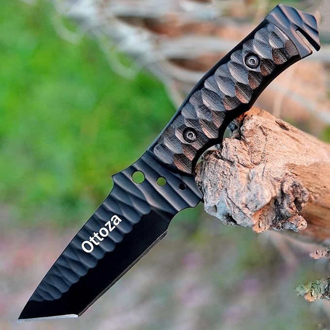 Ottoza Tanto Tactical Knife with Fixed Blade and Horizontal Carry Leather Sheath - Compact Military EDC Knife - Black Micarta Handle 377