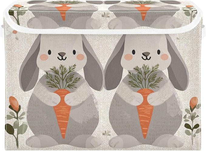 Collapsible Storage Bins with Lids Decorative Fabric Storage Cubes Closet Organizer and Storage Basket Boxes Containers for Clothes Box Chest Folding Rectangle Cute Grey Bunny Carrot
