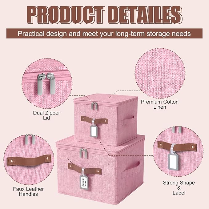 6 Pack Fabric Closet Storage Bins with Zipper Lids and Label 10×8×7In Large Size Foldable Cotton Linen Storage Cubes Boxes with PU Leather Handles Holders for Bedroom Nursery Pink