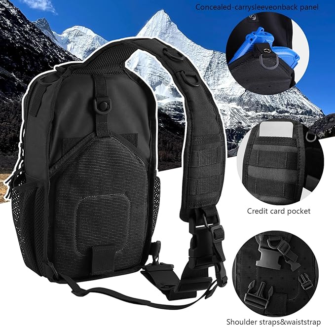 Rover Sling Pack Tactical Shoulder Sling Bag Backpack with Bottle Holder Crossbody Chest Bag Black