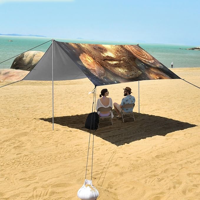 Carnival Golden Mask Pattern Beach Tent Sun Shelter Set UPF50+ UV Protection 10.5 x 9.19 FT Camping Shade Canopy with Sandbags Sand Anchors Carrying Bag and Others