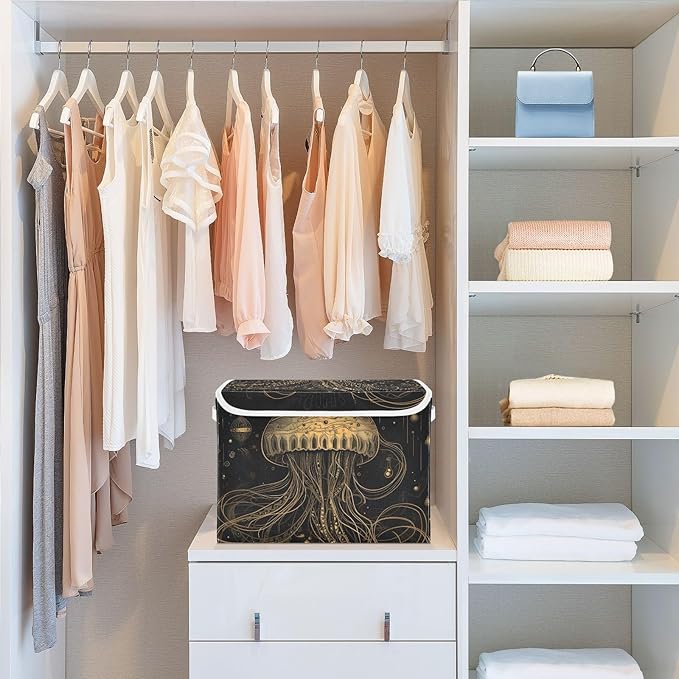 Golden Jellyfish Storage Cube with Lid Collapsible Flip-top locker Fabric Storage Bins Basket with Handle for Home Bedroom Closet Office 16.5×12.6×11.8 in