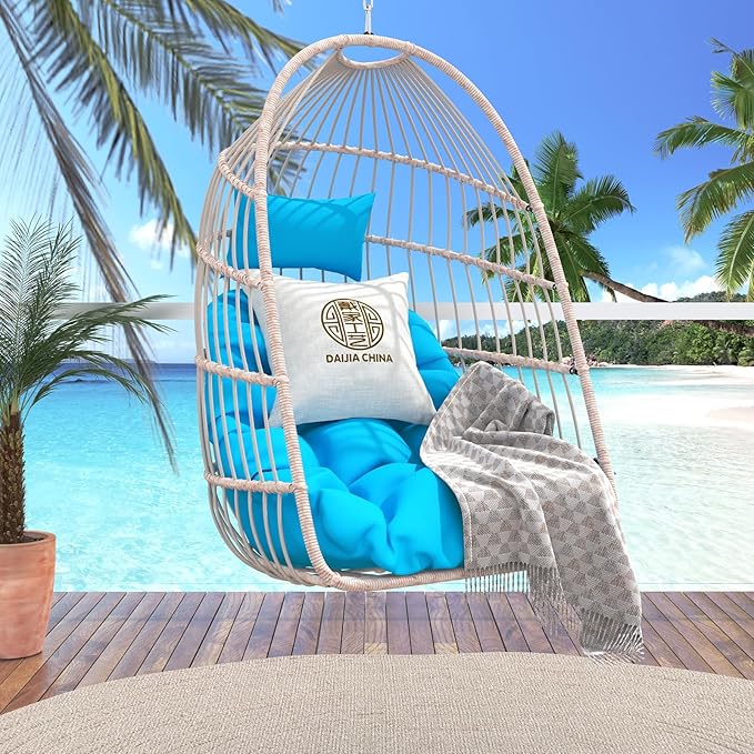 Hanging Egg Chair with Pillow HDPE Rattan Foldable Swing Chair with Aluminum Frame &amp UV Resistant Cushion Hammock Egg Basket Without Stand for Indoor Outdoor 350Lbs Capacity (Blue Cushion)