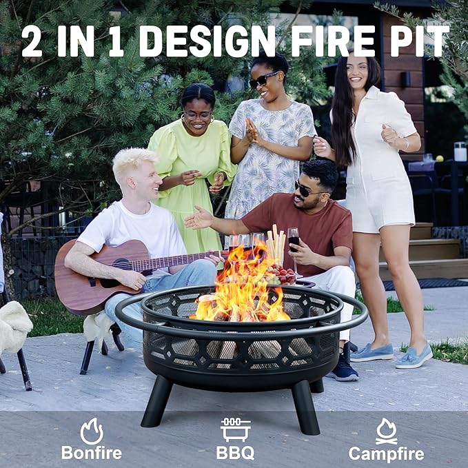 Florise 36 Inch Fire Pit Outdoor Wood Burning Firepit with Removable Grill &amp Poker Heavy Duty Metal Round Fireplace2 in 1 Large Bonfire for OutsideBBQYardPatio