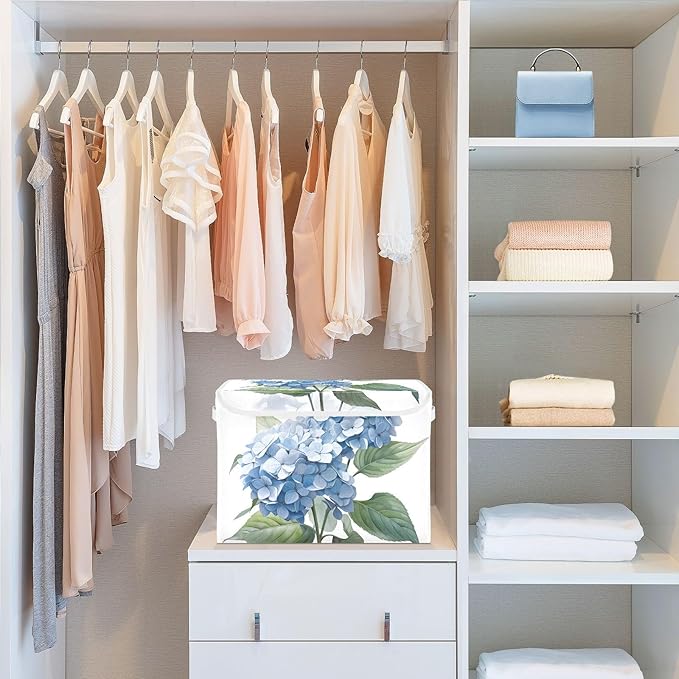 ALAZA Storage Bins Organizer Box Baskets Lidded Clothes for Shelves Closet Hydrangea Flower Blue Collapsible Stackable Storage Cubes Handles