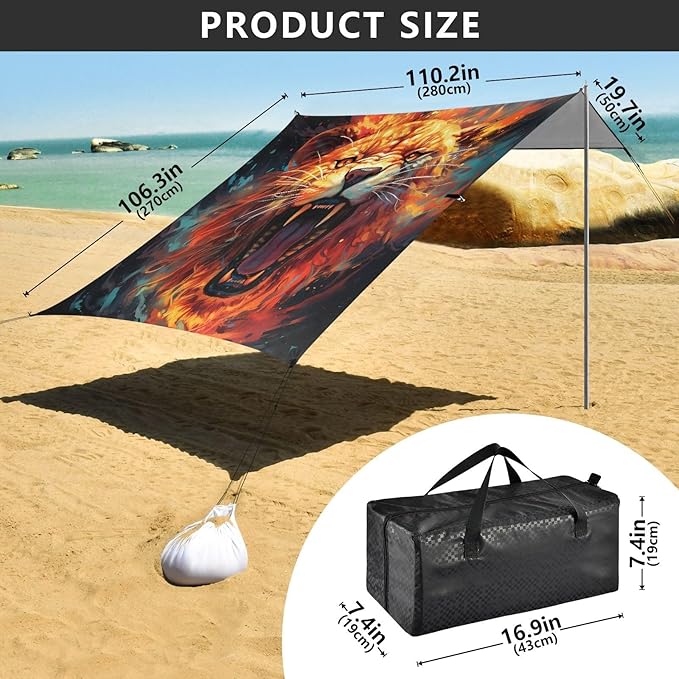 ALAZA Angry Lion Close Up Beach Tent Sun Shelter UPF50+ Protection Beach Shade Canopy w/ 4 Sandbags for Outdoor Camping Fishing Backyard Fun Picnic 10x9 ft