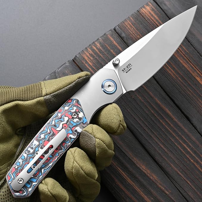 Sitivien ST271 Folding Knife M390 Steel Blade Titanium &amp G10 Handle Knife with Pocket Clip for Men Women Outdoor Camping Hiking Survival(Blue+White+Red)