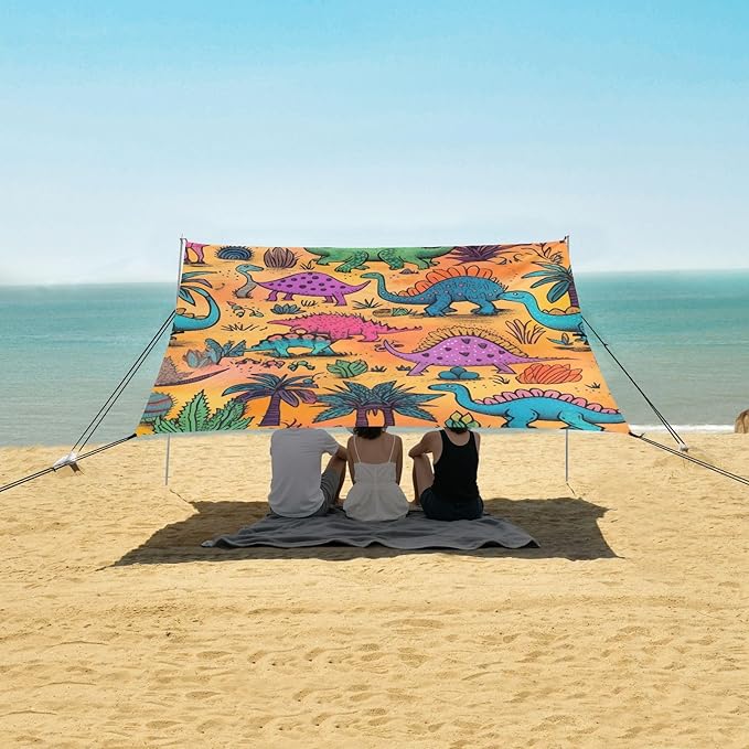 ALAZA Colorful Dinosaur Palm Tree Cactus Beach Tent Sun Shelter Portable Canopy Sunshade for Outdoor Camping Picnics Backyard Fun 10x9 ft