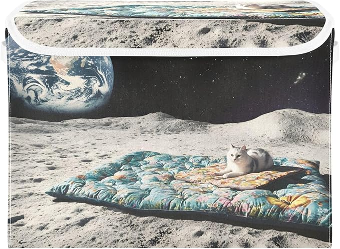 Storage Cube with Lid Cat on The Moon Print 16.5×12.6×11.8 IN Collapsible Large Capacity Foldable Storage Basket Bin Organizer