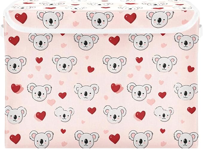 Pink Valentine Koala Hearts Storage Box with Lid 1 PC Foldable Storage Bin with Lids Stackable Storage Bins Cube Closet Organizer Basket with Flip-Top Lid &amp Handles for Shoes Books Towels