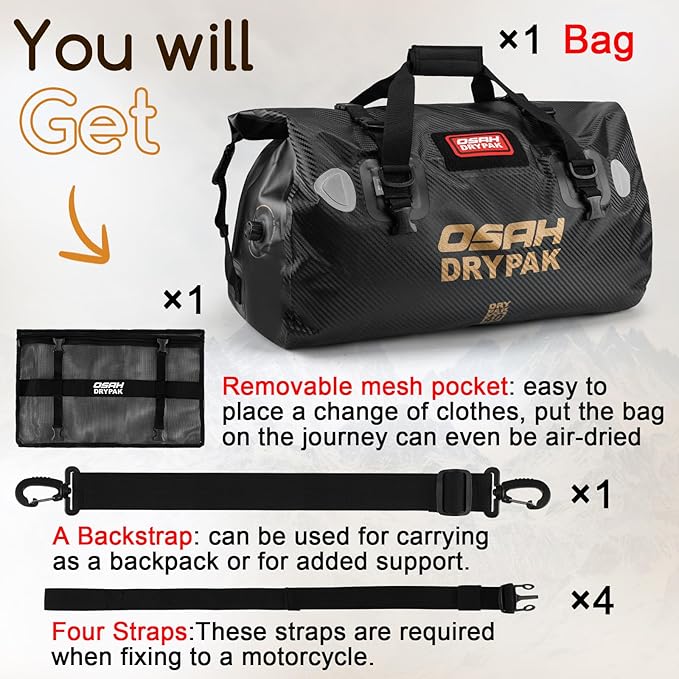 OSAH DRYPAK Waterproof Duffel Bag - Motorcycle Dry Bag Tail Bag with Large Storage Space Waterproof Luggage Duffle Bags with Outer Mesh Zipper Pocket for Camping Kayaking Fishing &amp Traveling