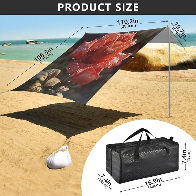 ALAZA Red Rose Flower Drop Beach Tent Sun Shelter UPF50+ Protection Beach Shade Canopy w/ 4 Sandbags for Outdoor Camping Fishing Backyard Fun Picnic 10x9 ft