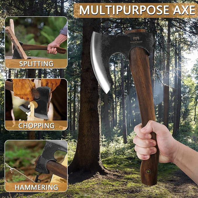 14.6 Hatchet Camping Hatchet with Leather Sheath Bushcraft Axe with 1065 Carbon Steel &amp Beech Handle Survival Axe for Wood Splitting and Chopping - Perfect for Gardening and Outdoor