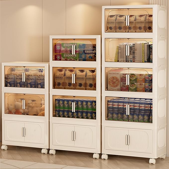 3-Tier Stackable Storage Bins with Lids Foldable Plastic Organizer with Wheels for Closet Bedroom (Reinforce Stripe - 2 Clear &amp 1 Yellow 3 Tier - 16.1 D x 10.8 W x 25.7 H)