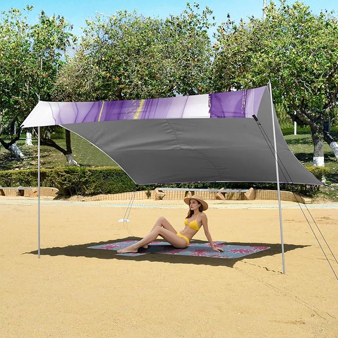 xigua Purple Texture Beach Tent Sun Shelter with Carrying Bag - Silver Coated Oxford Fabric Beach Canopy for Beach Camping Fishing - Includes Windproof Ropes Sandbags &amp Stakes