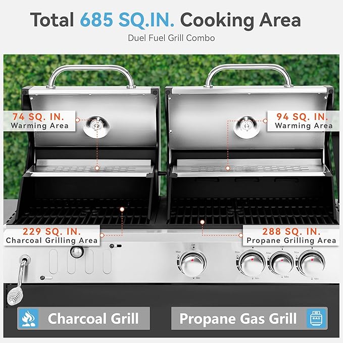 3 Burner Propane Gas and Charcoal Grill Combo with Side Burner &amp Porcelain-Enameled Cast Iron Grates 37000 BTUs 685 SQIN Dual Fuel Outdoor BBQ Grill for Patio Garden Picnic Backyard Barbecue Coo