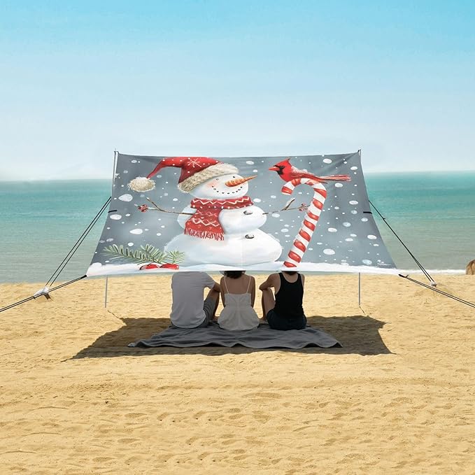 ALAZA Christmas Snowman Beach Tent Sun Shelter UPF50+ Protection Beach Shade Canopy w/ 4 Sandbags for Outdoor Camping Fishing Backyard Fun Picnic 10x9 ft