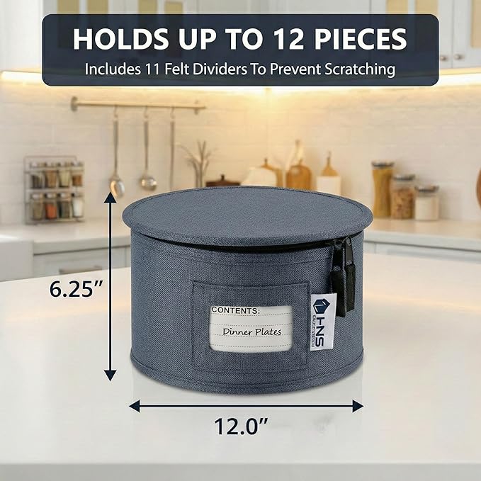 Dinner Plates Storage Container - Hard Shell China Organizer with Dividers - Holds 12 Plates of 12 - Durable &amp Stackable Storage Box for Seasonal Dishware Protection - Denim Blue