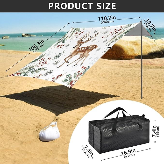 ALAZA Christmas Fawn Pine Needles Beach Tent Sun Shelter UPF50+ Protection Beach Shade Canopy w/ 4 Sandbags for Outdoor Camping Fishing Backyard Fun Picnic 10x9 ft