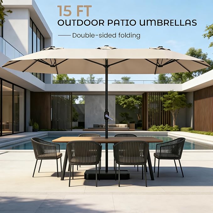 DomeShade 15ft Patio Umbrella with BaseLarge Outdoor Double-Sided Rectangle Umbrella with Crank Handle Market Umbrella for Poolside Garden Deck Backyard Beach Pools Beige