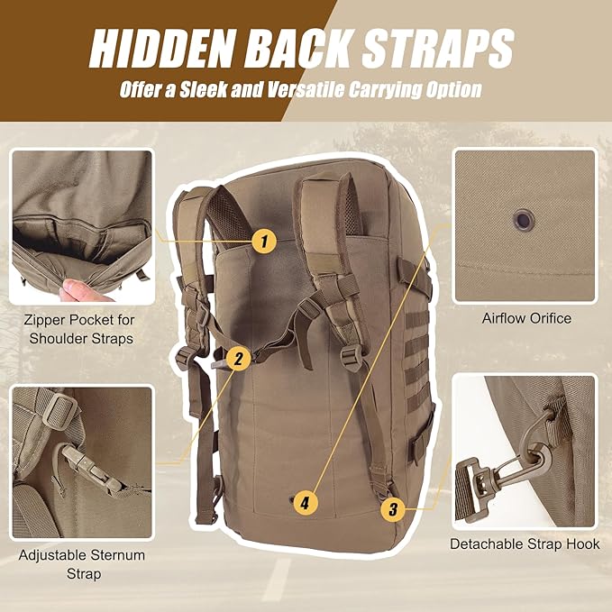 55L Large Travel Gym Duffle Bag Military Tactical Backpack Army Pack 3 Day Bug Out Bag Rucksack for Outdoor Sport Hiking Camping with Molle System Coyote