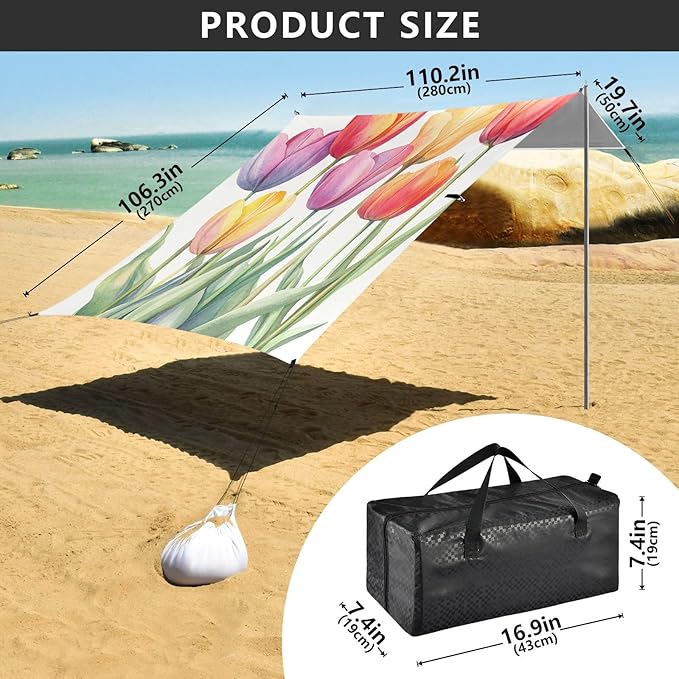 ALAZA Watercolor Colorful Tulips Beach Tent Sun Shelter Portable Canopy Sunshade for Outdoor Camping Picnics Backyard Fun 10x9 ft