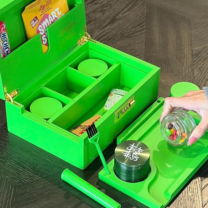 HASHSTASH The OG Storage Box - Large Bamboo Box with Combination Lock Magnetic Lid Organizer Tray Airtight Tube and 3 Jars - Discreet Decorative Locking Wooden Box with Accessories (Neon Green)