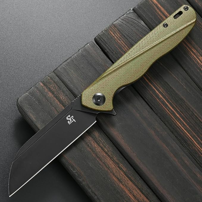 Sitivien ST103 Folding Knife D2 Steel BladeMicarta Handle EDC Tool Knife for Outdoor Camping Hunting Survival(Green)