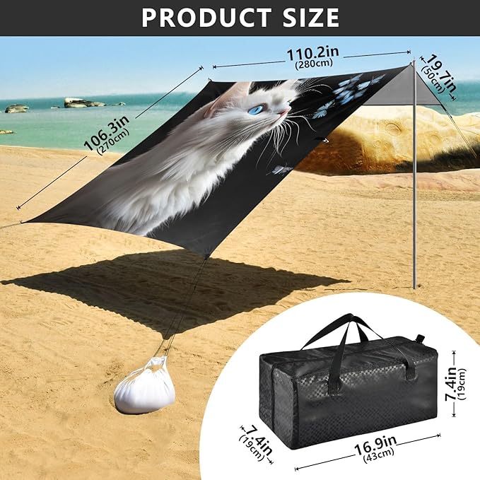 ALAZA Cat Butterfly Beach Tent Sun Shelter UPF50+ Protection Beach Shade Canopy w/ 4 Sandbags for Outdoor Camping Fishing Backyard Fun Picnic 10x9 ft