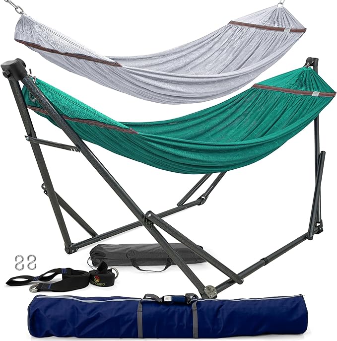 Tranquillo Combo x2 Hammocks with Stand for Outside &amp Tree Straps Heavy Duty Hammock with Stand 600lbs for Indoor Outdoor Patio Backyard x2 Hammocks for 2 Person (Combo - Peacock Medium)