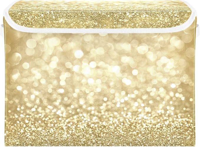 Golden Glitter Yellow Fabric Storage Boxes with Lid and Handles Foldable Storage Bins Organizers Cube Basket for Closet Home Office 1 Pc