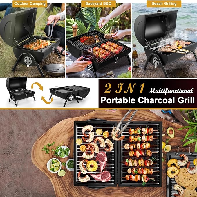 Joyfair Portable Charcoal Grill (2 IN 1 Double-Sided) Small Tabletop Barbecue Grill with Food Tray &amp Rack for Outdoor Camping Home Patio BBQ Grilling Heavy Duty &amp Multi-use Easy Assembly (2