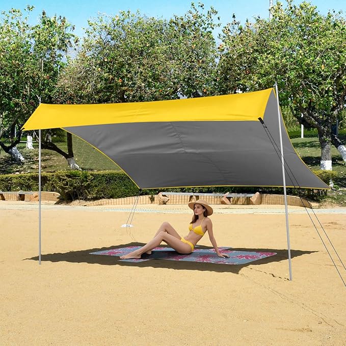 Gold Solid Color Pure Plain Foldable Beach Tent UPF50+ Easy Setup Large Sun Shelter with Sand Shovel Sandbags for Family Trips Picnics &amp Camping