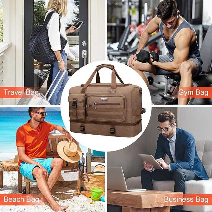 WITZMAN Duffle Bag for Men 50L Canvas Weekender Overnight Bag with Toiletry Bag Sets Travel Duffel Bag Shoes Compartment（A8010/2 Brown）