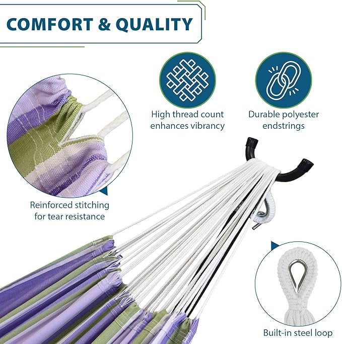 Vivere Double Cotton Hammock with Space Saving Steel Stand Upgraded Polyester End Strings 450 lb Capacity - Premium Carry Bag Included - USA Grown Cotton (Tranquility)
