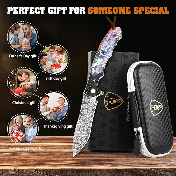 AUBEY Damascus Pocket Knife for Women Men 3.43 VG10 Damascus Steel Blade Knife with Clip EDC Folding Knives with Abalone Shell Handle Gift for Camping Outdoor Hunting Hiking Collection