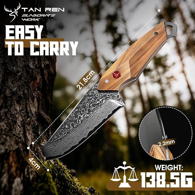 TAN REN Damascus Fixed Blade Knife Outdoor Survival Knife with Sheath Full Tang Bushcraft Knives with Wood Handle Brown Hunting Knives Gift for Men Camping Outdoor Cooking Gift for Him