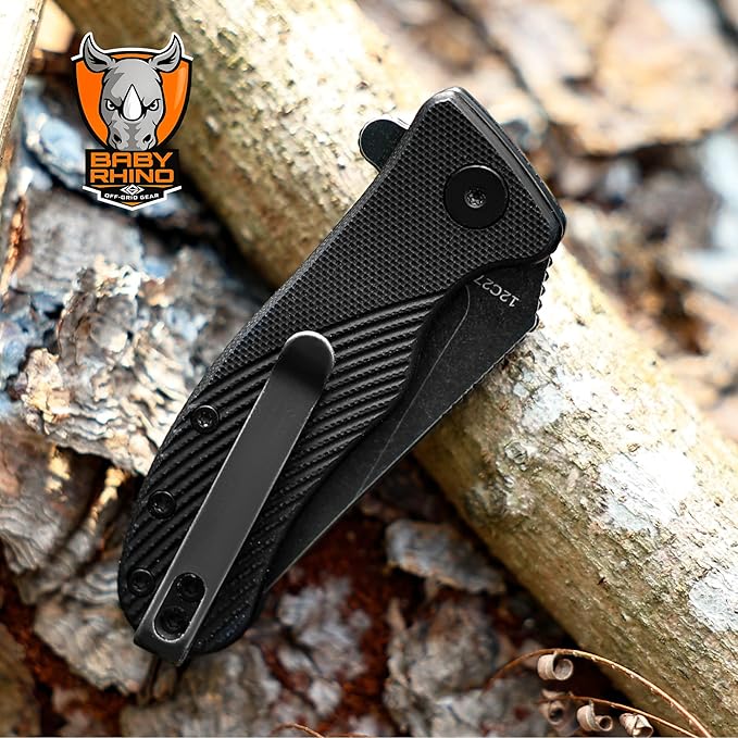 Off-Grid Gear Baby Rhino Compact Pocket Knife - Sandvik 12C27 G10 Scales Lightweight Design for Camping Hiking and Fishing (Nightfall)