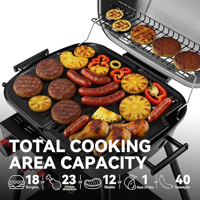 Royal Gourmet GT2003 Portable 2 Burner Propane Gas Grill with Stand and Warming Rack 2-in-1 Grill Griddle Combo with 17000 BTUs Output forCamping Tailgating Backyard Gray