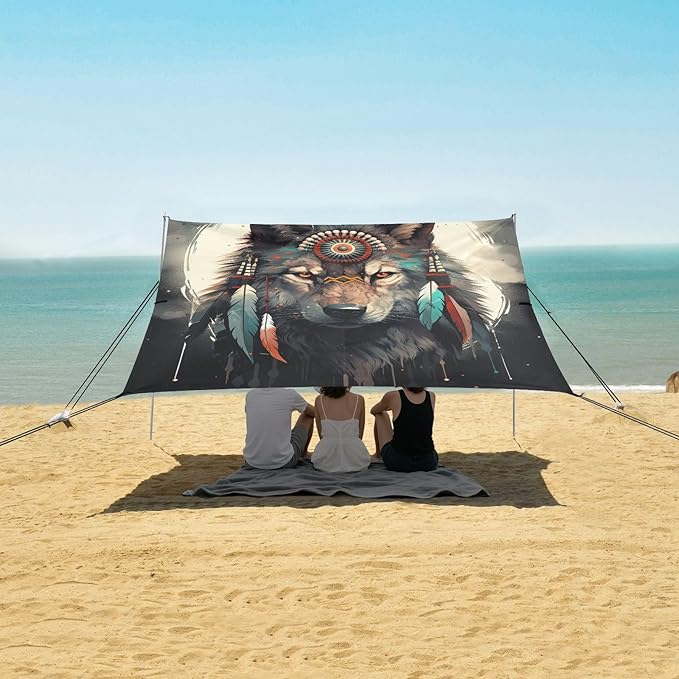ALAZA Wolf Indian Beach Tent Sun Shelter Portable Canopy Sunshade for Outdoor Camping Picnics Backyard Fun 10x9 ft