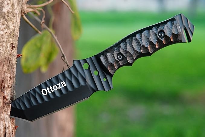 Ottoza Tanto Tactical Knife with Fixed Blade and Horizontal Carry Leather Sheath - Compact Military EDC Knife - Black Micarta Handle 377
