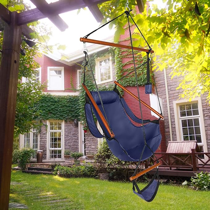 Hammock Hanging Sky Chair Large Swinging Seat Chair Indoor and Outdoor Air Swing Seat with Oxford Cloth&amp HardwoodCup Holder for Patio Bedroom or Tree (Blue)