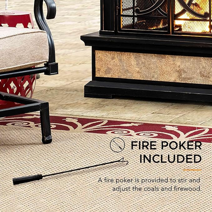 Sunjoy Outdoor Fireplace Smith Collection Patio Wood Burning Steel Fireplace with Chimney Spark Screen Fire Poker and Removable Grate Copper with Yellow Tile