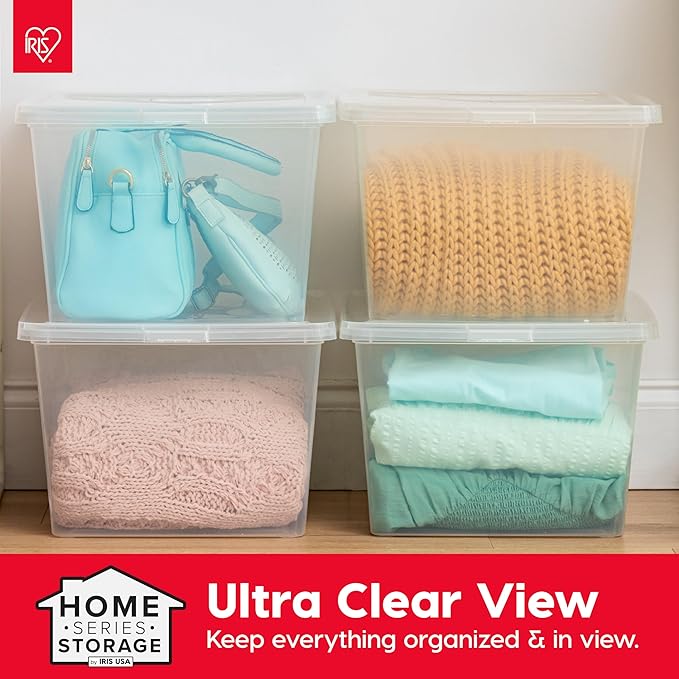 IRIS USA 4-Pack Storage Bins with Lids 25 Quart Clear Stackable Containers Box Organize Shoes Closet Shelves Clothes Blankets Towels - BPA-Free Plastic