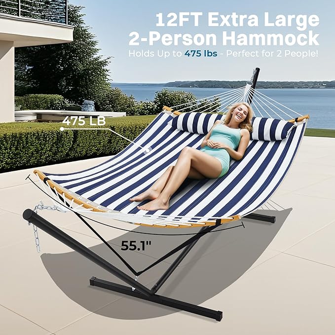 SUPERJARE Curved-Bar Hammock with Stand 2 Person Heavy Duty Hammock Frame Detachable Pillow &amp Portable Carrying Bag Perfect for Outdoor &amp Indoor Denim Blue with White Stripes