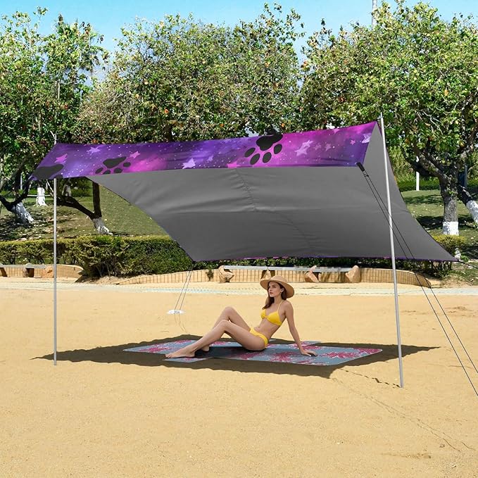 ALAZA Black Paw Prints Colorful Beach Tent Sun Shelter UPF50+ Protection Beach Shade Canopy w/ 4 Sandbags for Outdoor Camping Fishing Backyard Fun Picnic 10x9 ft
