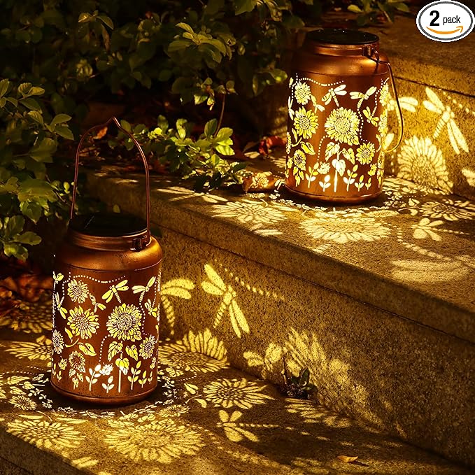 2pack Solar Lanterns Lights Outdoor Hanging Lantern Waterproof Metal LED Dragonfly Spring Decor Mothers Day Gifts for Women Men Mom Grandma Solar Light for GardenYardPatio LawnPathwayLandscape