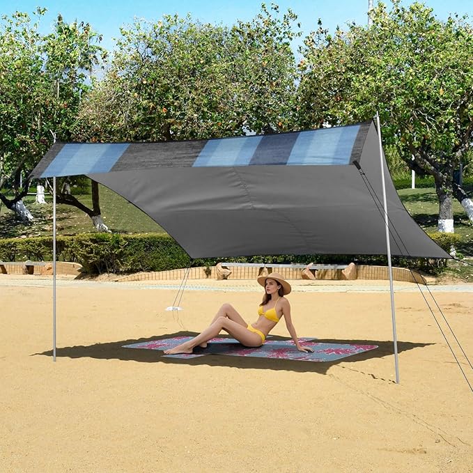 Darkslatebuffalo Turquoise Plaid Check Tartan Scotland Beach Canopy UPF50+ Easy Setup Large Portable Sun Shelter with Sand Shovel for Camping Picnics Backyard