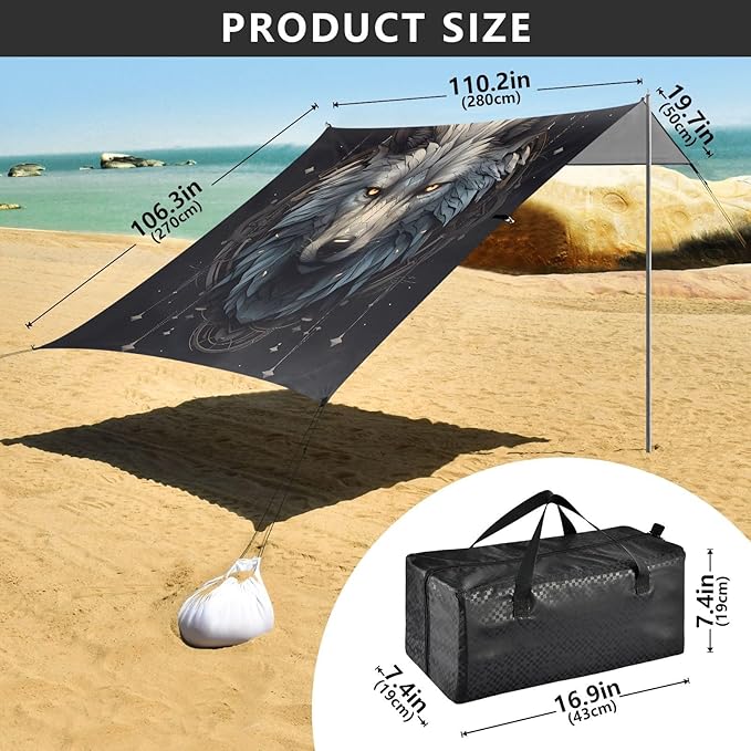 ALAZA Wolf Artwork Beach Tent Sun Shelter UPF50+ Protection Beach Shade Canopy w/ 4 Sandbags for Outdoor Camping Fishing Backyard Fun Picnic 10x9 ft